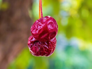 Poster - a single ripe red fruit hanging from a branch over green background