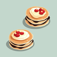 Vector illustration of two pancakes with scoops of ice cream and cherries on top