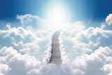 Fototapeta Na sufit - Stairway to heaven, stone staircase leading to bright glow in distance, clouds around. Generative AI