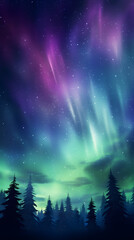 Wall Mural - Ethereal aurora borealis dancing lights in a forest full of pine trees hd phone wallpaper ai generated