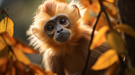 a Golden Langur feeding on tree leaves, the details of its fur and expressions captured in vivid detail