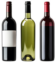 Set/collection Of Glass Wine Bottles. Red And White And Wine. Bottle Of Wine With An Empty Label. Isolated On A Transparent Background.