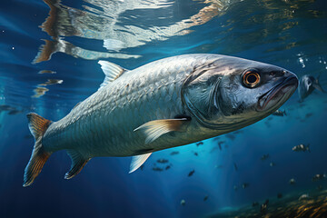 Wall Mural - Close-up one Herring fish under water surface. Underwater shot of a gray fish underwater in a blue sea.