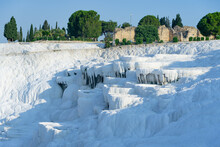 Natural Travertine Pools And Terraces In Pamukkale. Cotton Castle In Turkey