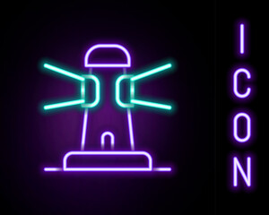 Poster - Glowing neon line Lighthouse icon isolated on black background. Colorful outline concept. Vector