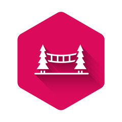 Poster - White Capilano Suspension Bridge in Vancouver, Canada icon isolated with long shadow. Pink hexagon button. Vector