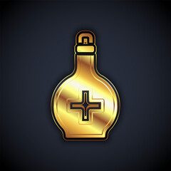 Poster - Gold Bottle with potion icon isolated on black background. Flask with magic potion. Happy Halloween party. Vector