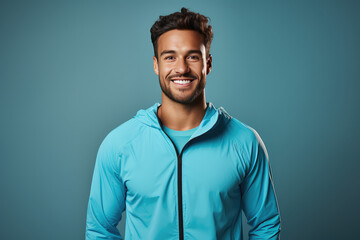 Wall Mural - Portrait of smiling young man of athletic build in sports uniform isolated on blue background. Creative banner of fitness center with copy space.