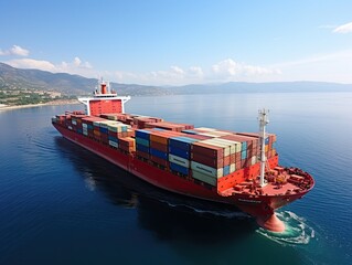 Aerial side view of a cargo container ship sailing peacefully on the sea