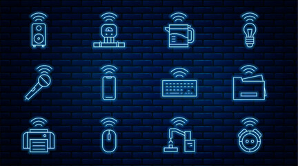 Poster - Set line Robot vacuum cleaner, Smart printer, electric kettle, Wireless smartphone, microphone, stereo speaker, keyboard and sensor icon. Vector