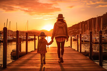 Mother And Daughter Holding Hands Walking Along A Pier At Sunset