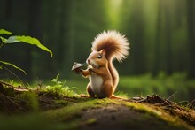 Squirrel Eating Mushroom In The Forest