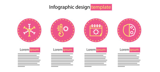 Sticker - Set line Calendar and sun, Eclipse of the, Meteorology thermometer and Snowflake icon. Vector