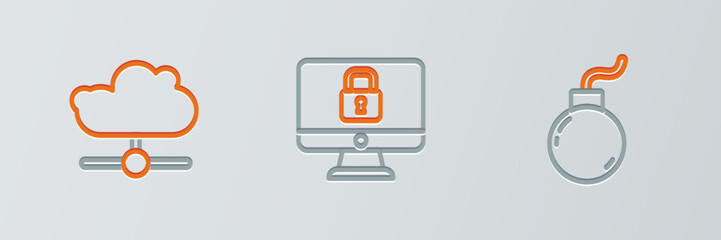 Poster - Set line Bomb ready to explode, Network cloud connection and Lock computer monitor icon. Vector