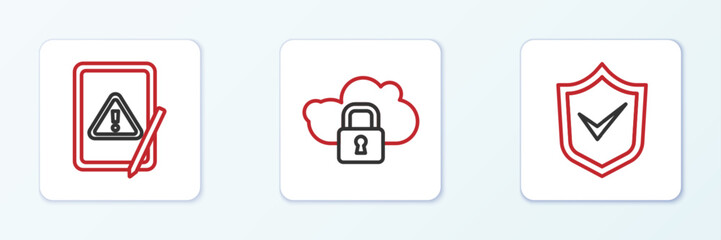 Poster - Set line Shield with check mark, Tablet exclamation and Cloud computing lock icon. Vector