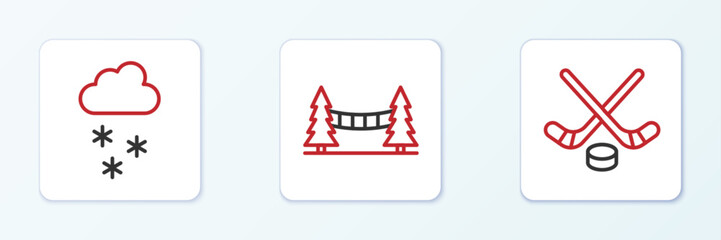 Poster - set line ice hockey sticks and puck, cloud with snow and capilano suspension bridge icon. vector