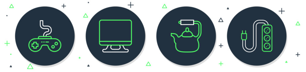 Poster - Set line Smart Tv, Kettle with handle, Gamepad and Electric extension icon. Vector
