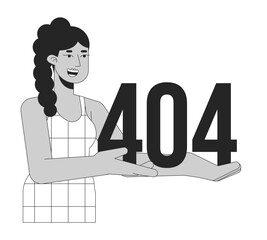 Fototapete - Happy latina woman holding black white error 404 flash message. Monochrome empty state ui design. Page not found popup cartoon image. Vector flat outline illustration concept