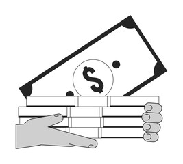 Poster - Hand holding cash flat monochrome isolated vector object. Savings. Personal finances. Editable black and white line art drawing. Simple outline spot illustration for web graphic design