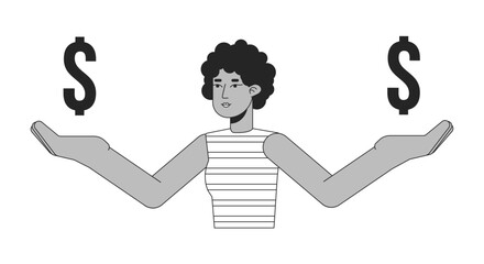Poster - woman holding dollar signs on hands flat line black white vector character. balance in finances. edi
