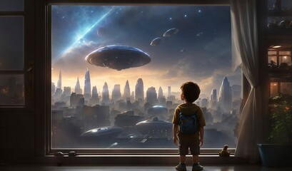 Wall Mural - A small boy by a window watches an alien ship dominate the sky, city bustling in blissful ignorance