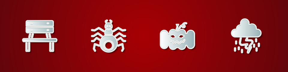 Sticker - Set Bench, Spider, Pumpkin and Storm icon. Vector