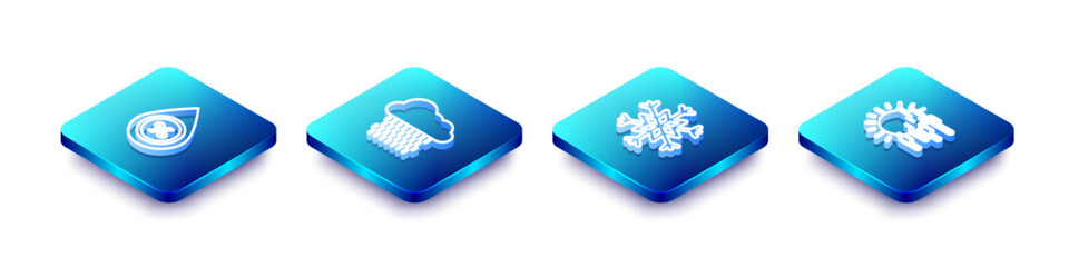 Sticker - Set Isometric line Water drop percentage, Cloud with rain, Snowflake and Fog and sun icon. Vector