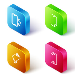 Poster - set isometric line phone repair service, glass screen protector, shockproof phone and icon. vector