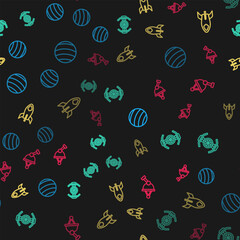Poster - Set line Planet, Cosmic ship, Rocket and Satellite dish on seamless pattern. Vector