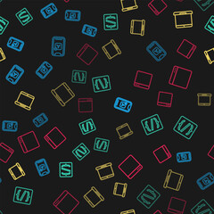 Sticker - Set line Mobile Apps, Programming language syntax, Laptop and Browser window on seamless pattern. Vector