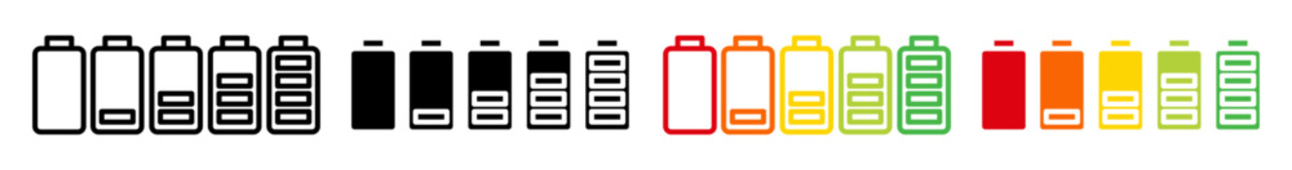 Battery status icon set. phone Battery level vector symbol in black and colored style. suitable for apps and websites UI designs.