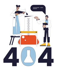 Fototapete - Science experiment error 404 flash message. Pouring liquid from tube to flask. Empty state ui design. Page not found popup cartoon image. Vector flat illustration concept on white background