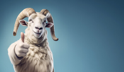 Wall Mural - Cute funny ram - male sheep, smiling, showing approving thumbs up to appreciate good work or product. Wide banner with copy space side. Generative AI