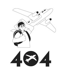 Fototapete - Asian man looking on plane black white error 404 flash message. Monochrome empty state ui design. Page not found popup cartoon image. Vector flat outline illustration concept
