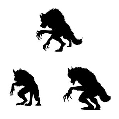 Black silhouette of a werewolf. vector pack of werewolf illustrations. icon set of a wolf. graphic element for Halloween design.