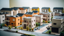 Toy Town. Miniature Models Of Realistic Houses, Blurred Background, Wallpaper With Toy Apartment Complex, Many Houses. 3d Render Style.