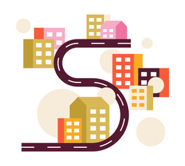 Fototapete - Serpentine road through city semi flat colour vector object. Residential buildings. Editable cartoon clip art icon on white background. Simple spot illustration for web graphic design