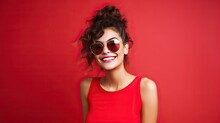 Cheerful Young Woman Smiling, Wearing Sunglass At Red Background