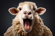 Happy Surprised Sheep With Open Mouth.