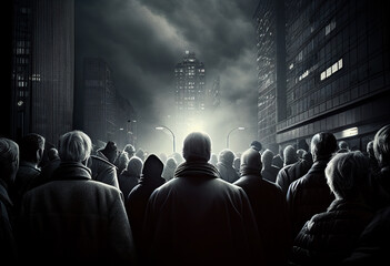 Wall Mural - a crowd of people at a group concert on the street of a big city in the beams of spotlights. AI Generated