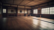 Spacious interior with windows, sport hall for martial art classes. Indoor background.