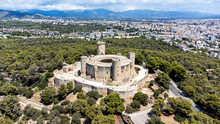 Aerial View Of The Castell De Bellver (Bellver Castle), A Gothic-style Castle Built In The 14th Century On A Hill Overlooking Palma On The Balearic Island Of Majorca (Spain) In The Mediterranean Sea