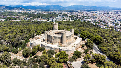 Wall Mural - Aerial view of the Castell de Bellver (Bellver Castle), a gothic-style castle built in the 14th century on a hill overlooking Palma on the Balearic island of Majorca (Spain) in the Mediterranean Sea