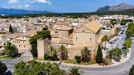 Sticker - Aerial view of the roman catholic church of Sant Jaume in the medieval walled city of Alcudia on the Balearic island of Majorca (Spain) in the Mediterranean Sea