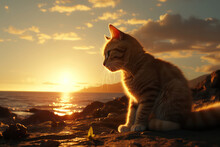 A Picturesque Portrait Of A Cat And A Dog Walking Along A Sandy Beach At Sunset, With Waves Crashing On The Shore And Seagulls Soaring In The Sky, Embodying Their Love For Exploration And The Freedom