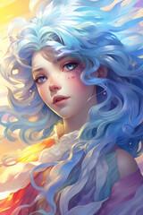 Wall Mural - 3d illustration of a beautiful girl with blue hair and bright makeup