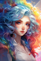 Wall Mural - Beautiful girl with long curly hair. an anime lady with blue hair on a rainbow, in the style of traditional oil paintings