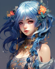 Wall Mural - Illustration of a beautiful woman with blue hair and flowers in her hair