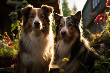 An intimate portrait of a cat and a dog lying side by side in a sunlit meadow, with colorful wildflowers and lush green grass, exemplifying their contentment and the joy of simple moments in nature