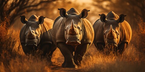 three big african rhinos in the sunset, big five wildlife safari